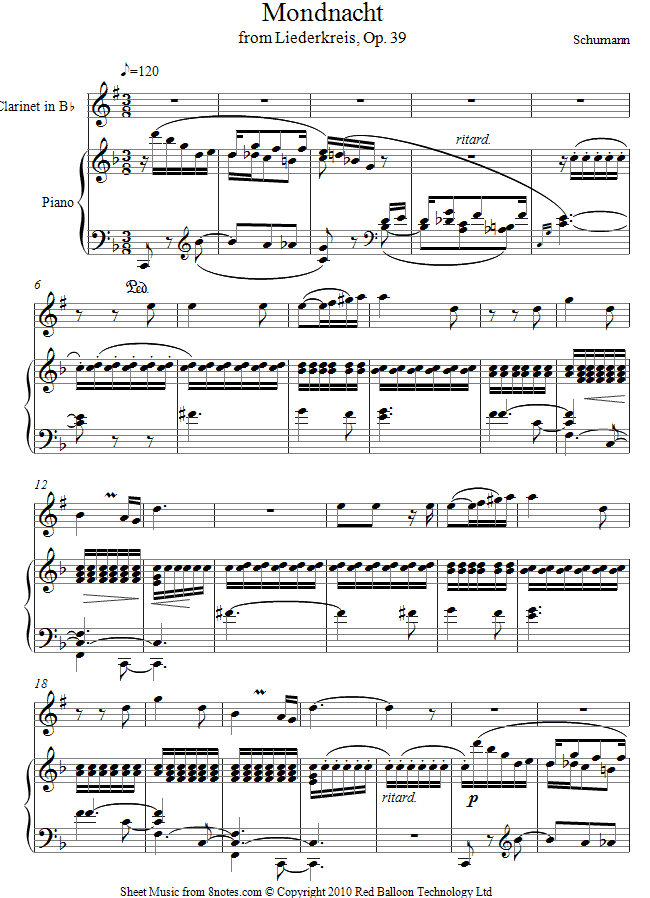 Schumann - Mondnacht from Liederkreis, Op. 39 sheet music for Clarinet Schumann - Mondnacht from Liederkreis, Op. 39 sheet music for Clarinet