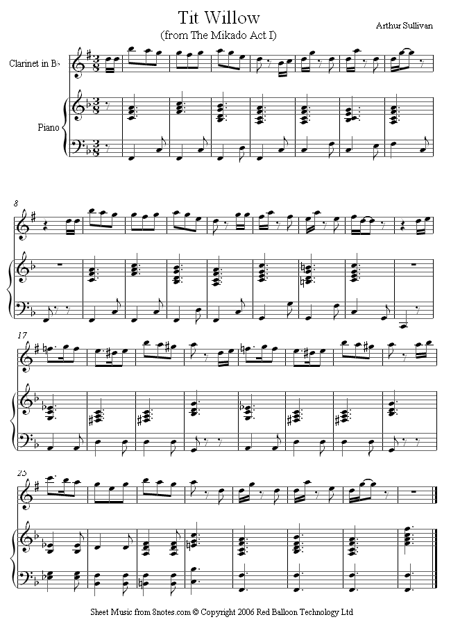 Sullivan - Tit Willow (Mikado Act 1) sheet music for Clarinet Sullivan - Tit Willow (Mikado Act 1) sheet music for Clarinet