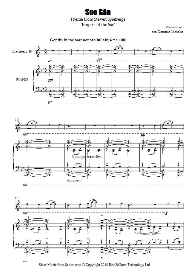 Empire of the Sun Theme - Suo Gan (Welsh traditional) sheet music for Clarinet Empire of the Sun Theme - Suo Gan (Welsh traditional) sheet music for Clarinet