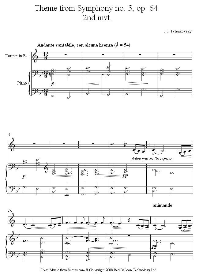 Tchaikovsky - Theme from Symphony no.5 op.64 2nd mvt sheet music for Clarinet Tchaikovsky - Theme from Symphony no.5 op.64 2nd mvt sheet music for Clarinet