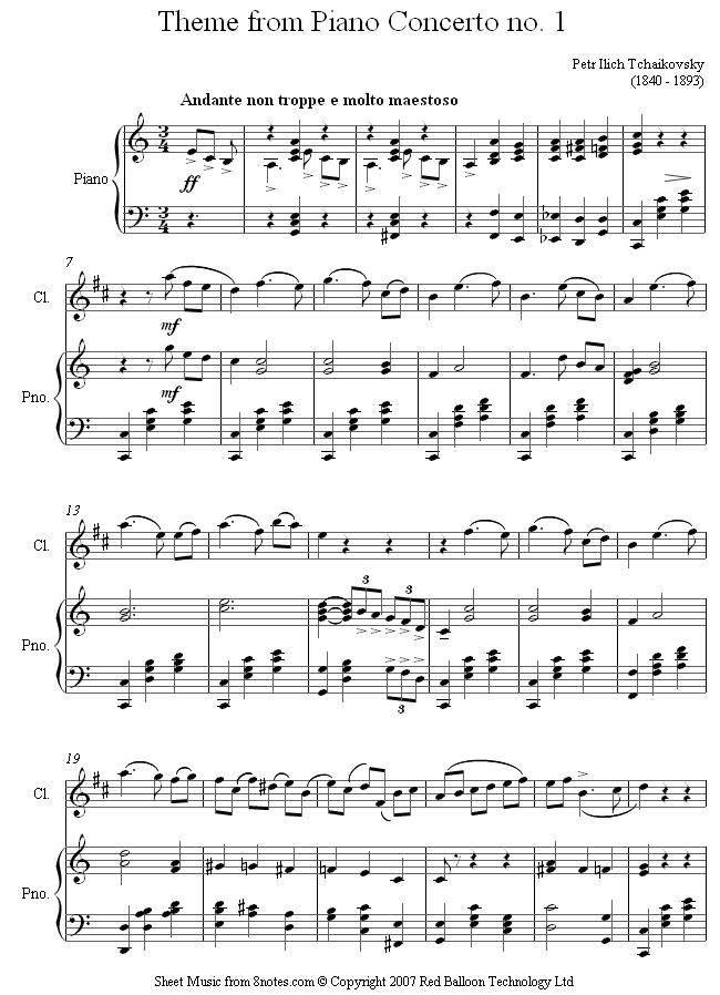 Tchaikovsky - Theme from Piano Concerto No.1 sheet music for Clarinet Tchaikovsky - Theme from Piano Concerto No.1 sheet music for Clarinet