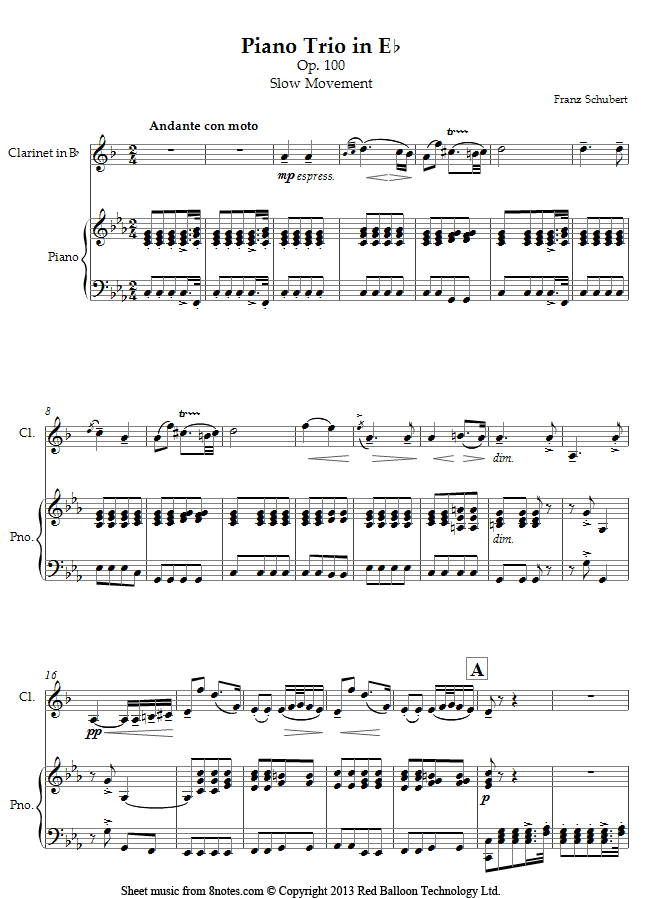 Schubert - Piano Trio in Eb Op.100 Slow movement (arranged for clarinet and piano) sheet music for Clarinet Schubert - Piano Trio in Eb Op.100 Slow movement (arranged for clarinet and piano) sheet music for Clarinet