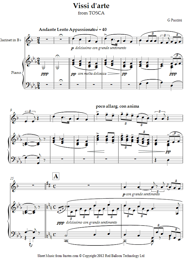 Puccini - Vissi d`arte from Tosca sheet music for Clarinet Puccini - Vissi d`arte from Tosca sheet music for Clarinet