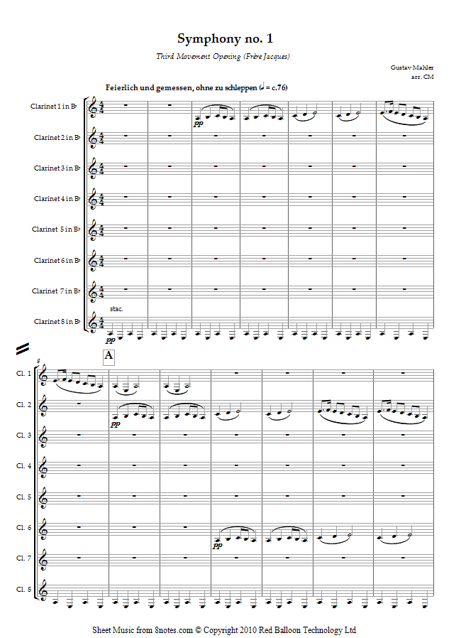 Mahler - Third Movement Opening (Frere Jacques) from Symphony No.1 sheet music for Clarinet Choir Mahler - Third Movement Opening (Frere Jacques) from Symphony No.1 sheet music for Clarinet Choir