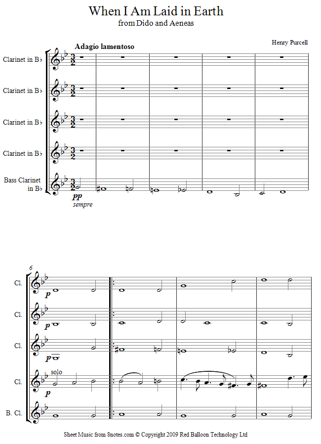 Purcell - Didos Lament (when I am laid in earth) sheet music for Clarinet Choir Purcell - Didos Lament (when I am laid in earth) sheet music for Clarinet Choir