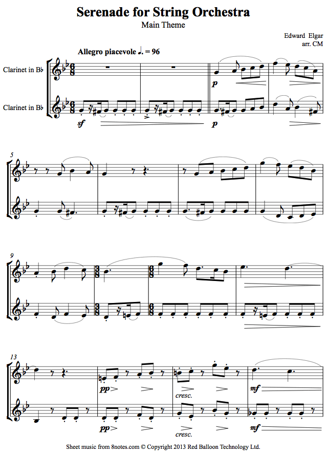 Elgar - Serenade for String Orchestra Main Theme sheet music for Clarinet Duet Elgar - Serenade for String Orchestra Main Theme sheet music for Clarinet Duet
