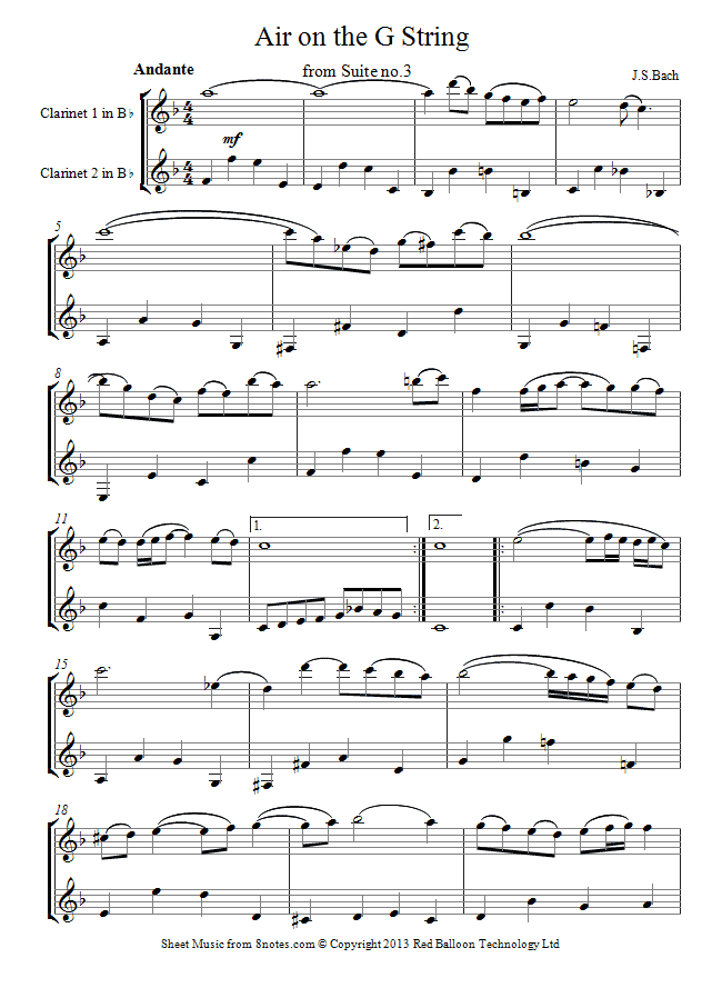 Bach - Air on the G string sheet music for Clarinet Duet Bach - Air on the G string sheet music for Clarinet Duet