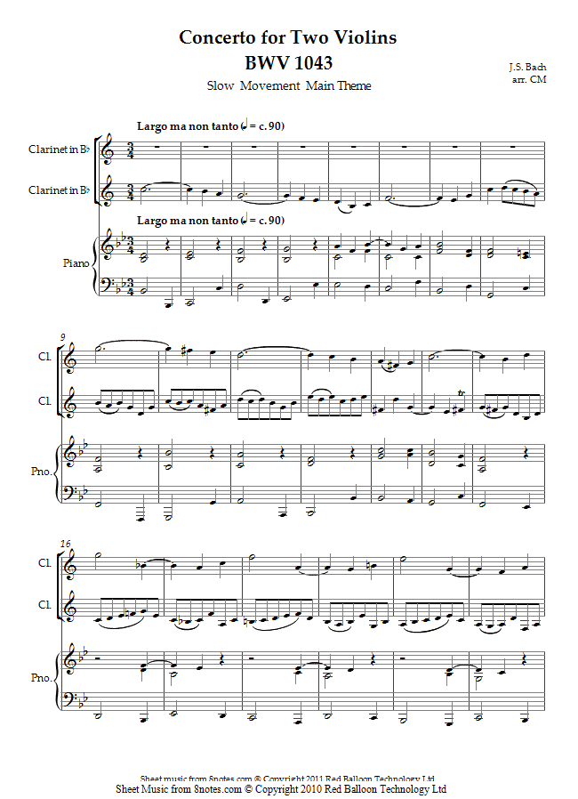 Bach - Concerto for Two Violins BWV 1043 (Slow Movement Main Theme) sheet music for Clarinet Duet Bach - Concerto for Two Violins BWV 1043 (Slow Movement Main Theme) sheet music for Clarinet Duet