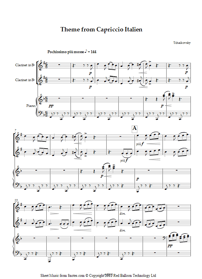 Tchaikovsky - Theme from Capriccio Italien sheet music for Clarinet Duet Tchaikovsky - Theme from Capriccio Italien sheet music for Clarinet Duet