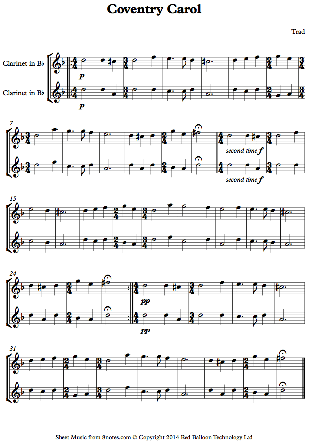 Coventry Carol sheet music for Clarinet Duet Coventry Carol sheet music for Clarinet Duet