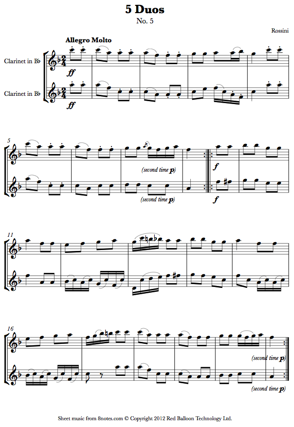 Rossini 5 Duos No.5 Allegro Molto sheet music for Duet
