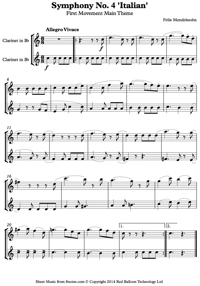 Mendelssohn - Symphony No. 4 'Italian' First Movement Main Theme sheet music for Clarinet Duet Mendelssohn - Symphony No. 4 'Italian' First Movement Main Theme sheet music for Clarinet Duet