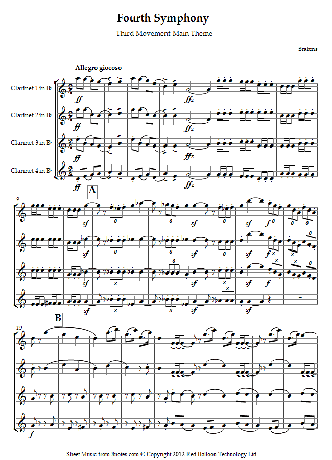 Brahms - Fourth Symphony Third Movement Main Theme sheet music for Clarinet Quartet Brahms - Fourth Symphony Third Movement Main Theme sheet music for Clarinet Quartet