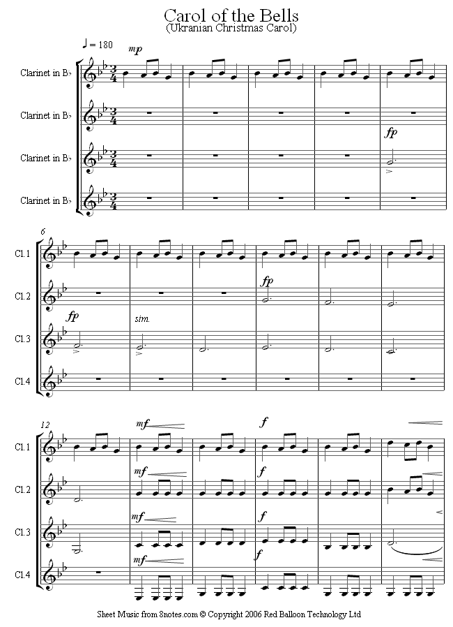 Carol of the Bells sheet music for Clarinet Quartet - 8notes.com
