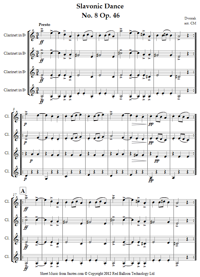 Dvořák - Slavonic Dance No. 8 Op. 46 sheet music for Clarinet Quartet Dvořák - Slavonic Dance No. 8 Op. 46 sheet music for Clarinet Quartet