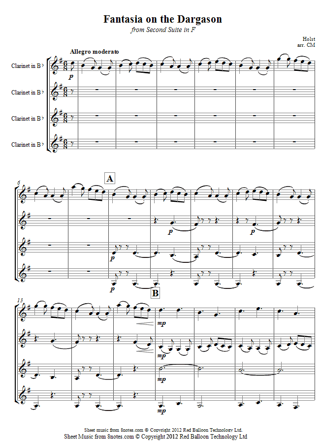 Holst - Fantasia on the Dargason from Second Suite in F sheet music for Clarinet Quartet Holst - Fantasia on the Dargason from Second Suite in F sheet music for Clarinet Quartet