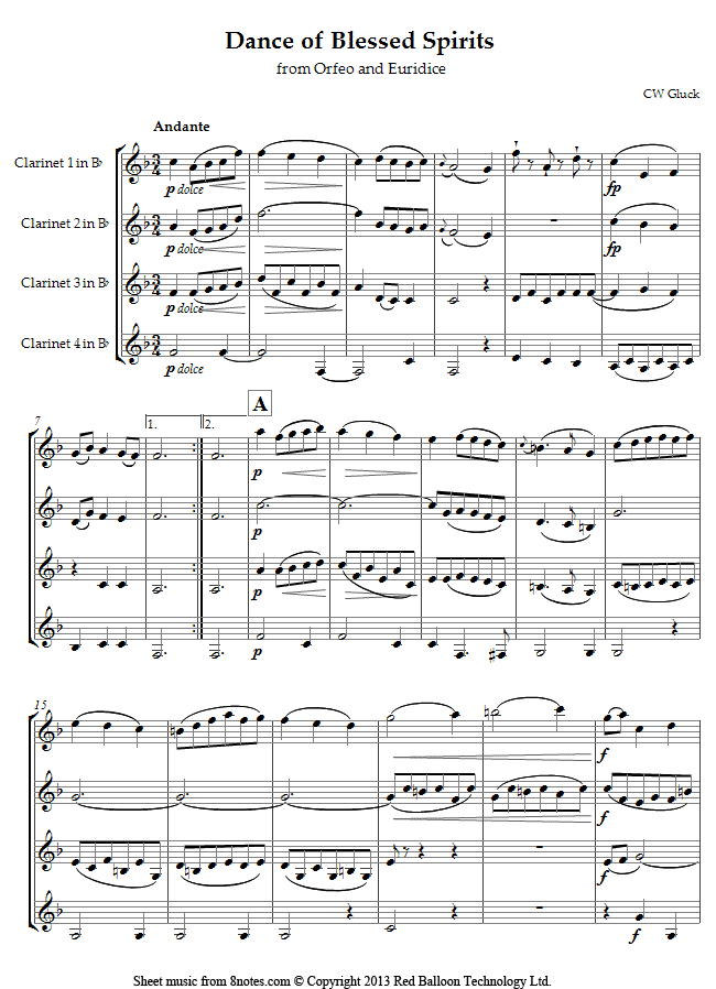 Gluck - Dance of Blessed Spirits from Orfeo and Euridice sheet music for Clarinet Quartet Gluck - Dance of Blessed Spirits from Orfeo and Euridice sheet music for Clarinet Quartet