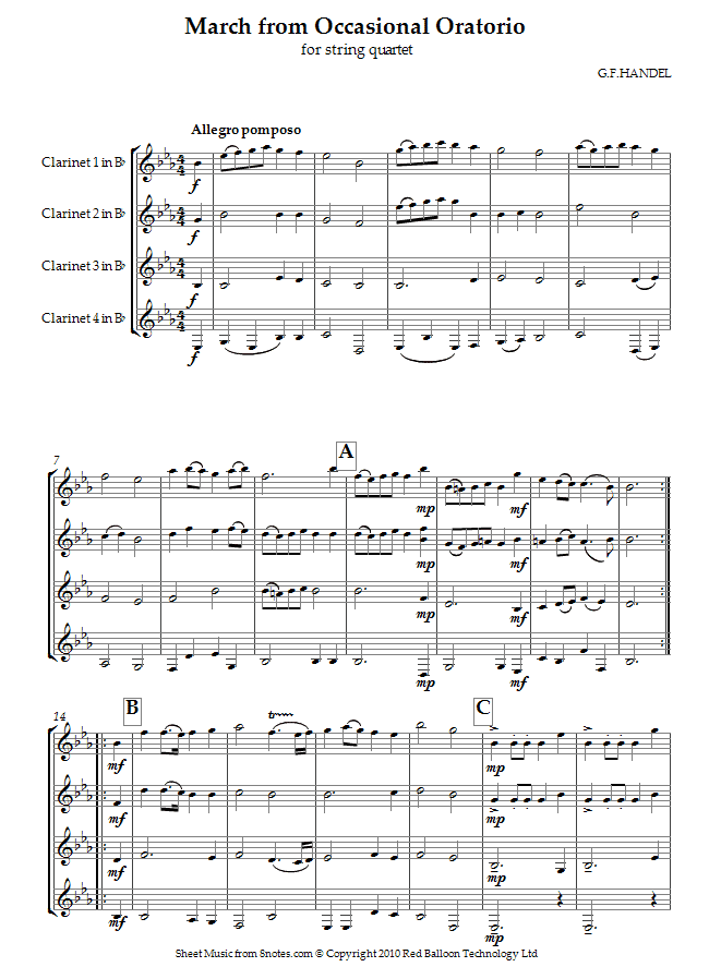 Handel - March from Occasional Oratorio sheet music for Clarinet Quartet Handel - March from Occasional Oratorio sheet music for Clarinet Quartet