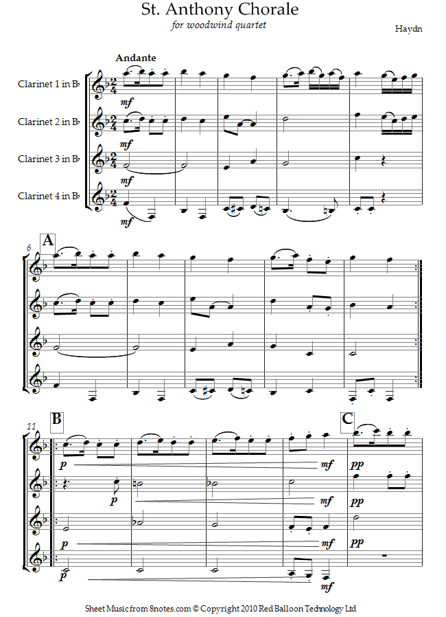 Haydn - St. Anthony Chorale sheet music for Clarinet Quartet Haydn - St. Anthony Chorale sheet music for Clarinet Quartet