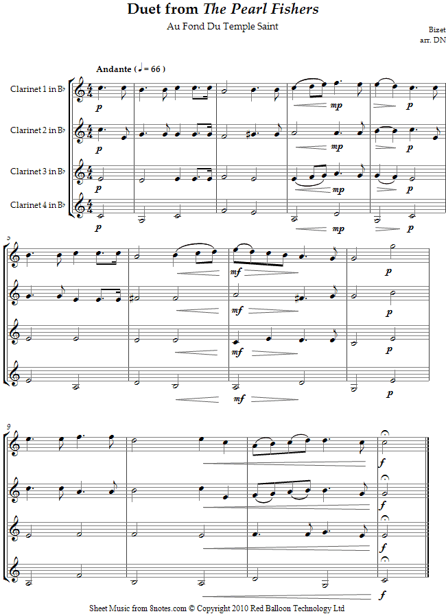 Bizet - Duet from The Pearl Fishers: Au Fond Du Temple Saint sheet music for Clarinet Quartet Bizet - Duet from The Pearl Fishers: Au Fond Du Temple Saint sheet music for Clarinet Quartet