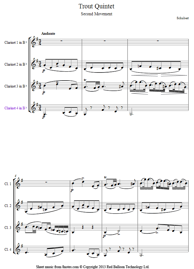 Schubert - Theme from The Trout Quintet sheet music for Clarinet Quartet Schubert - Theme from The Trout Quintet sheet music for Clarinet Quartet