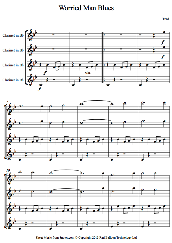 Worried Man Blues sheet music for Clarinet Quartet Worried Man Blues sheet music for Clarinet Quartet