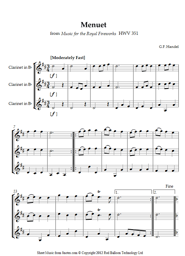 Handel - Menuet from Music for the Royal Fireworks sheet music for Clarinet Trio Handel - Menuet from Music for the Royal Fireworks sheet music for Clarinet Trio