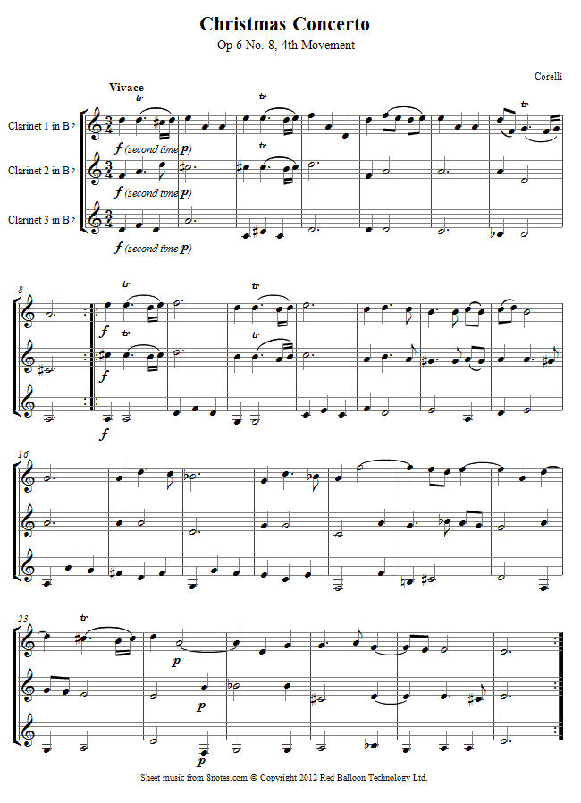 Corelli - Christmas Concerto Op 6 No. 8, Pastorale sheet music for Clarinet Trio Corelli - Christmas Concerto Op 6 No. 8, Pastorale sheet music for Clarinet Trio