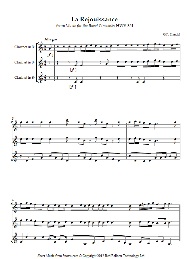 Handel - La Rejouissance from Music for the Royal Fireworks sheet music for Clarinet Trio Handel - La Rejouissance from Music for the Royal Fireworks sheet music for Clarinet Trio