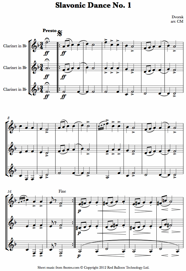 Dvořák - Slavonic Dance No. 1 sheet music for Clarinet Trio Dvořák - Slavonic Dance No. 1 sheet music for Clarinet Trio