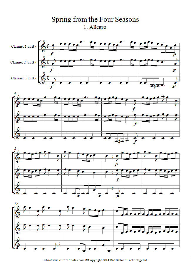Vivaldi - Spring from The Four Seasons 1. Allegro (longer version) sheet music for Clarinet Trio Vivaldi - Spring from The Four Seasons 1. Allegro (longer version) sheet music for Clarinet Trio