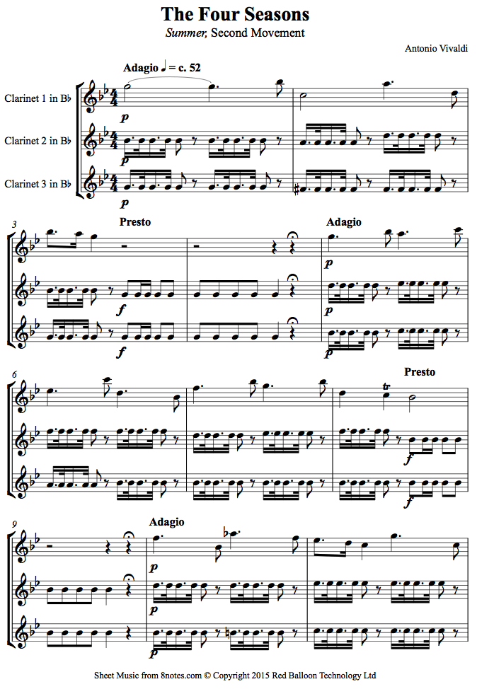 Vivaldi The Four Seasons Summer, 2nd Movement Theme sheet music for