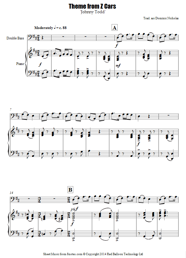 Theme from Z Cars (Johnny Todd) sheet music for Double Bass Theme from Z Cars (Johnny Todd) sheet music for Double Bass