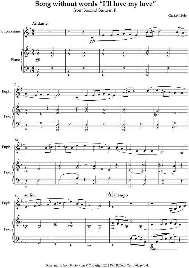 Holst - Song without words -I'll love my love- from Second Suite in F sheet music for Euphonium Holst - Song without words -I'll love my love- from Second Suite in F sheet music for Euphonium