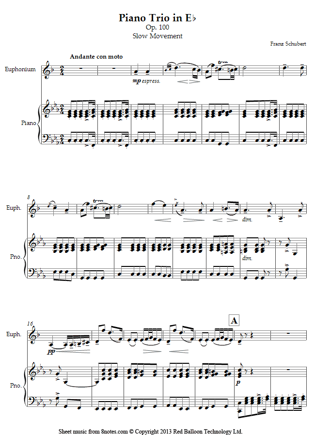 Schubert - Piano Trio in Eb Op.100 Slow movement (arranged for euphonium and piano) sheet music for Euphonium Schubert - Piano Trio in Eb Op.100 Slow movement (arranged for euphonium and piano) sheet music for Euphonium