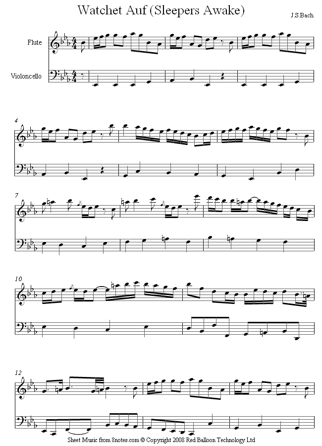 Bach - Watchet auf (Sleepers Awake) sheet music for Flute-Cello Duet Bach - Watchet auf (Sleepers Awake) sheet music for Flute-Cello Duet
