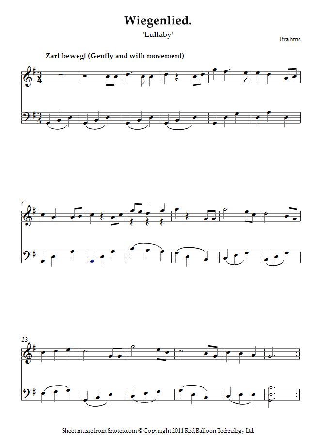 Brahms - Lullaby (Wiegenlied) sheet music for Flute-Cello Duet Brahms - Lullaby (Wiegenlied) sheet music for Flute-Cello Duet