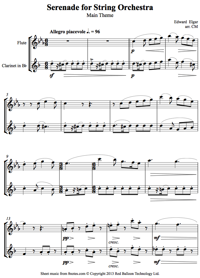 Elgar - Serenade for String Orchestra Main Theme sheet music for Flute-Clarinet Duet Elgar - Serenade for String Orchestra Main Theme sheet music for Flute-Clarinet Duet