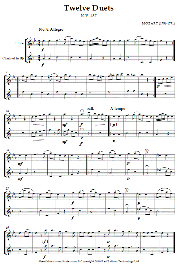 Mozart Twelve Duets k.487 no.8 sheet music for Duet