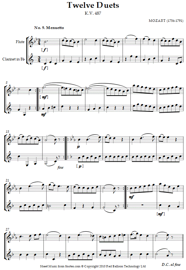 Mozart Twelve Duets k.487 no.9 sheet music for Duet