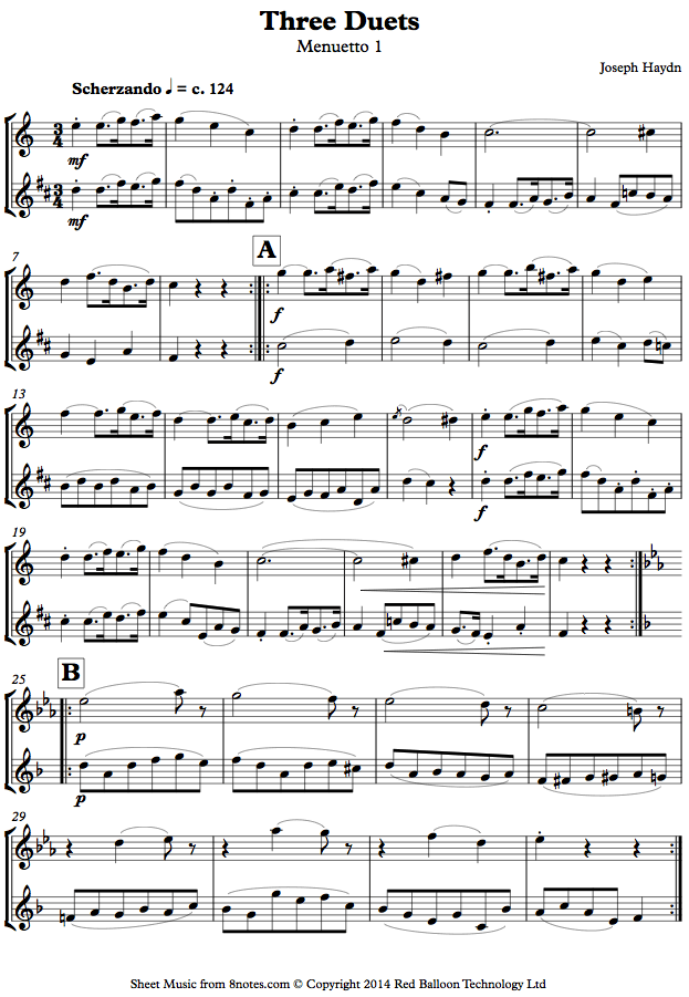 Haydn - Three Duets - Menuetto 1 sheet music for Flute-Clarinet Duet Haydn - Three Duets - Menuetto 1 sheet music for Flute-Clarinet Duet