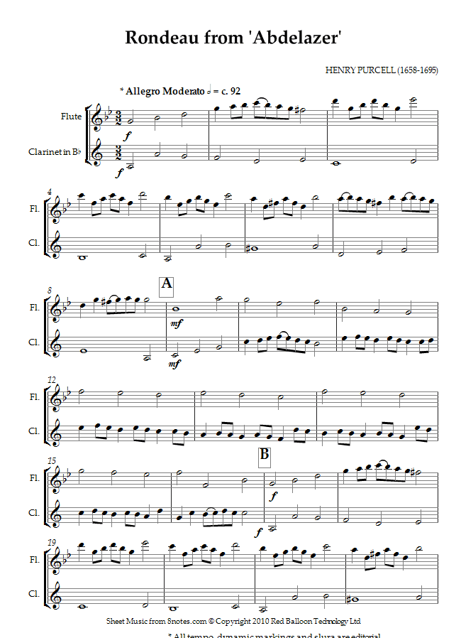 Purcell - Young Persons Guide to the Orchestra Theme (Purcells Rondeau) sheet music for Flute-Clarinet Duet Purcell - Young Persons Guide to the Orchestra Theme (Purcells Rondeau) sheet music for Flute-Clarinet Duet