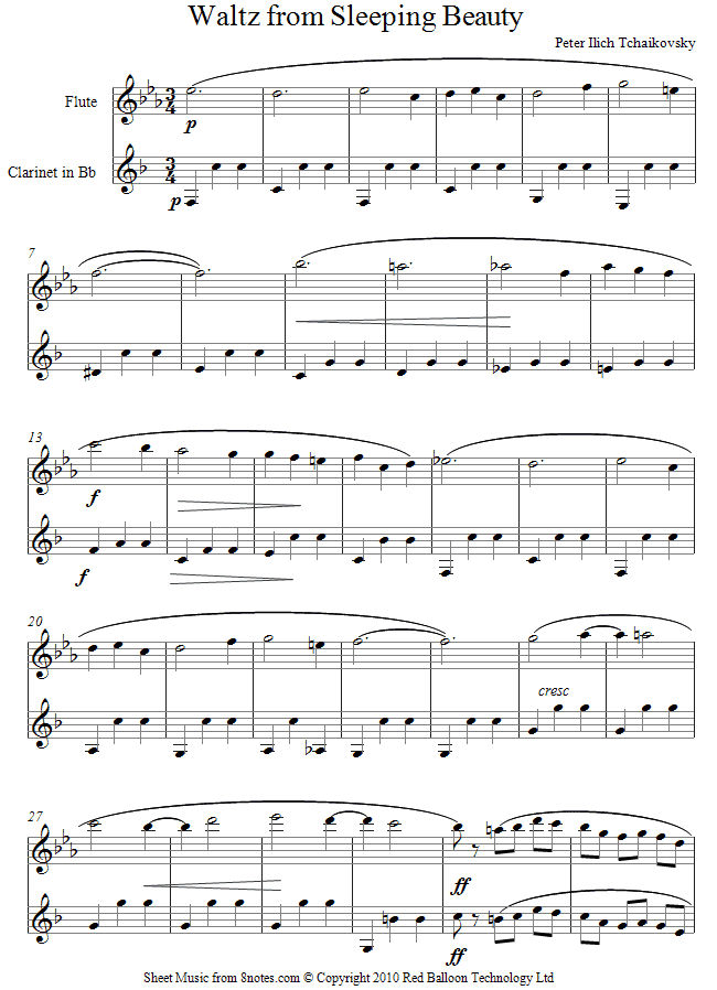 Tchaikovsky - Waltz from Sleeping Beauty sheet music for Flute-Clarinet Duet Tchaikovsky - Waltz from Sleeping Beauty sheet music for Flute-Clarinet Duet