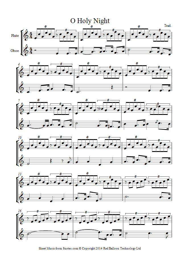 O Holy Night sheet music for Flute-Oboe Duet - 8notes.com