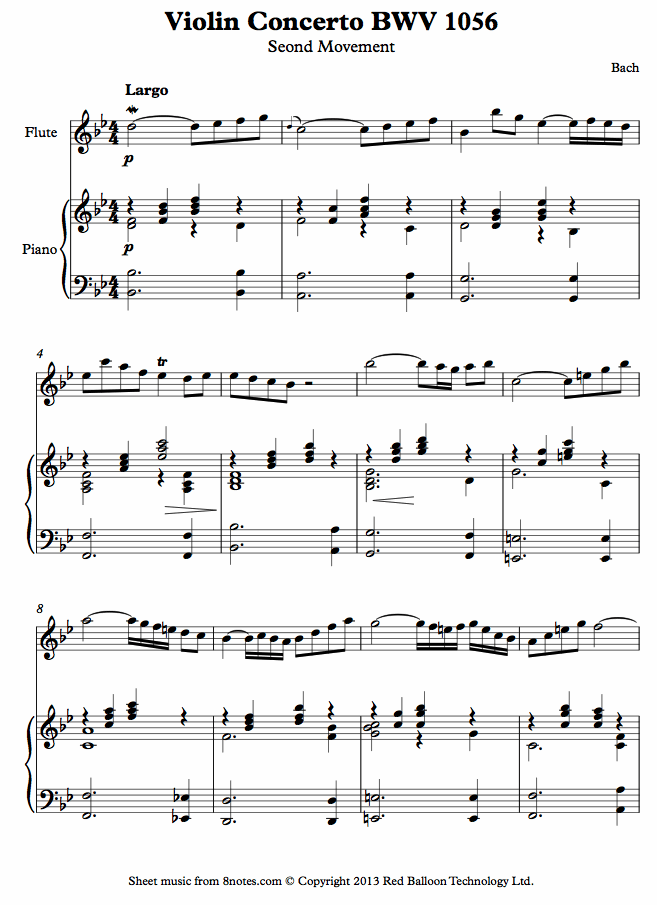 Bach - Violin Concerto 2nd mvt (arranged for flute) sheet music for Flute Bach - Violin Concerto 2nd mvt (arranged for flute) sheet music for Flute