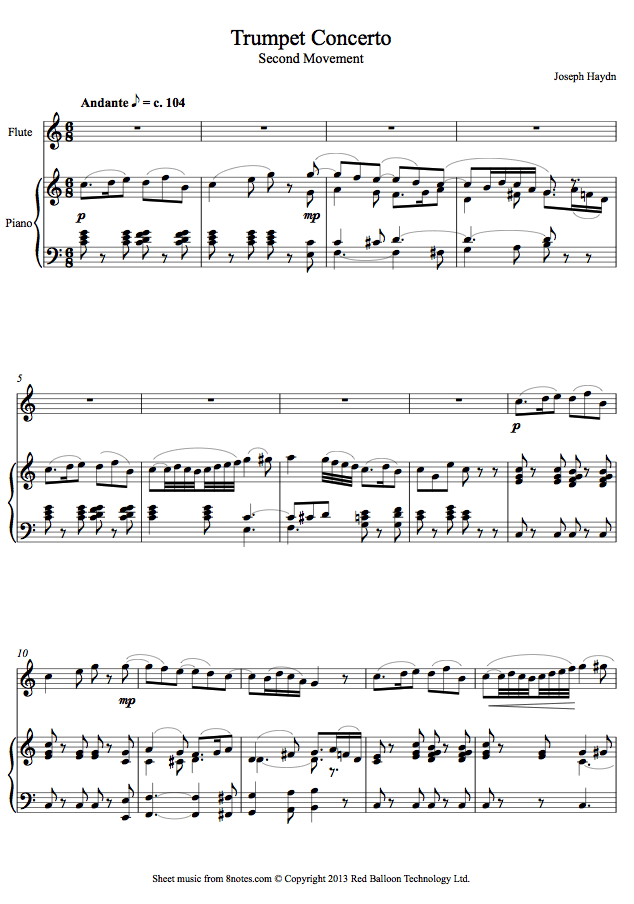 Haydn Trumpet Concerto 2nd mvt theme sheet music for Flute