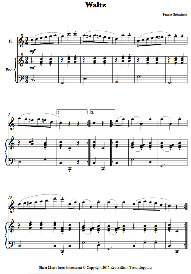 Schubert Waltz in A sheet music for Flute
