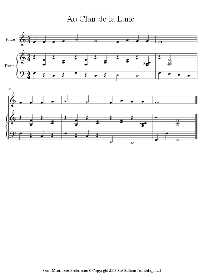 Au claire de la lune sheet music for Flute Au claire de la lune sheet music for Flute