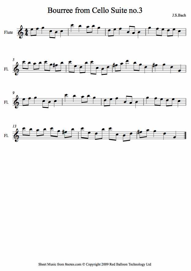 Bach - Bourree from Cello Suite no.3 sheet music for Flute Bach - Bourree from Cello Suite no.3 sheet music for Flute