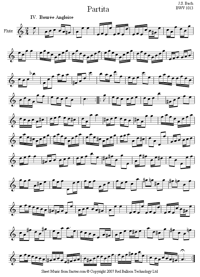 Bach - IV. Bouree Angloise from Flute Partita sheet music for Flute Bach - IV. Bouree Angloise from Flute Partita sheet music for Flute